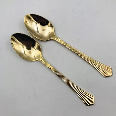 两 (2) Hampton Forge 金色不锈钢扇贝罗纹图案茶匙 6 英寸长 — 第 1/4 张图片