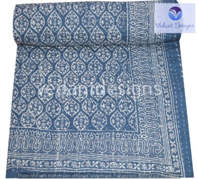 Colcha azul Kantha bloco Gudri feita à mão colchas de solteiro jogar Ralli - Imagem 1 de 4