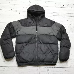 North Face 550 Puffer Jacket Youth Medium 10-12 Black Gray Down Fur Lined Hooded - Picture 1 of 9