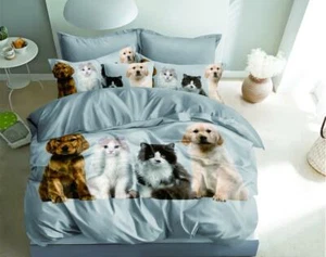 3D Kitties Dogs Bedding Set Duvet Cover Pillowcase Single UK 100% Cotton Sateen - Picture 1 of 3