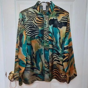 Draper's & Damon's Vintage Blue Orange Animal Print Art To Wear Top Retro Sz XL - Picture 1 of 12