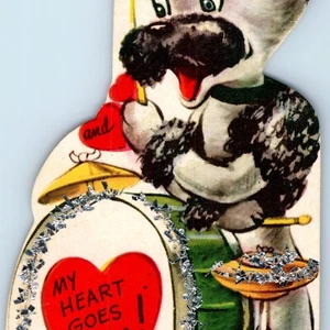 Linda tarjeta de San Valentín baterista perro antropomórfico de la década de 1950 doble banda Glo 1H - Imagen 1 de 3