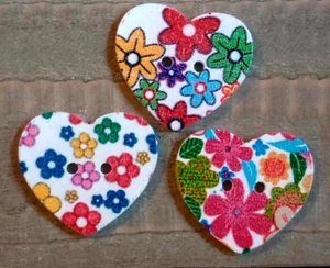 3 Floral Heart Sewing Buttons Crafting Wood 2 Hole 1" - Picture 1 of 2