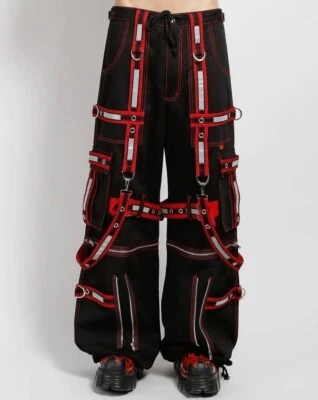 Men Black Tripp Pant Punk Rock Gothic Style Trouser with Red Straps 100% cotton - Image 1 of 4
