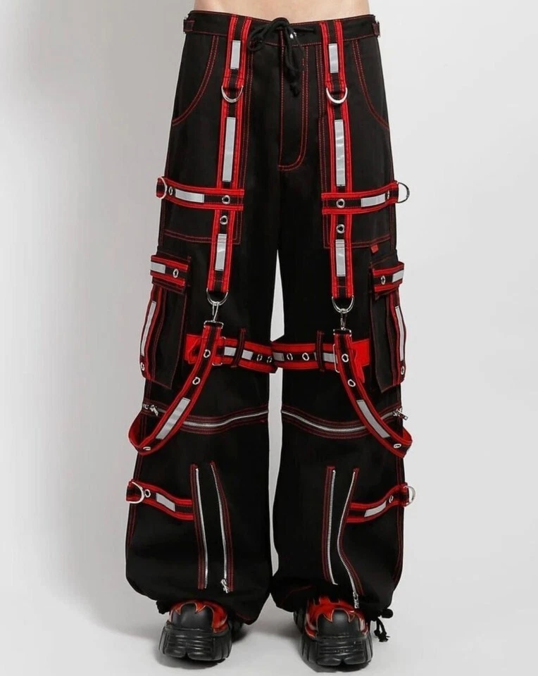 Men Black Tripp Pant Punk Rock Gothic Style Trouser with Red Straps 100% cotton - Image 1 of 4