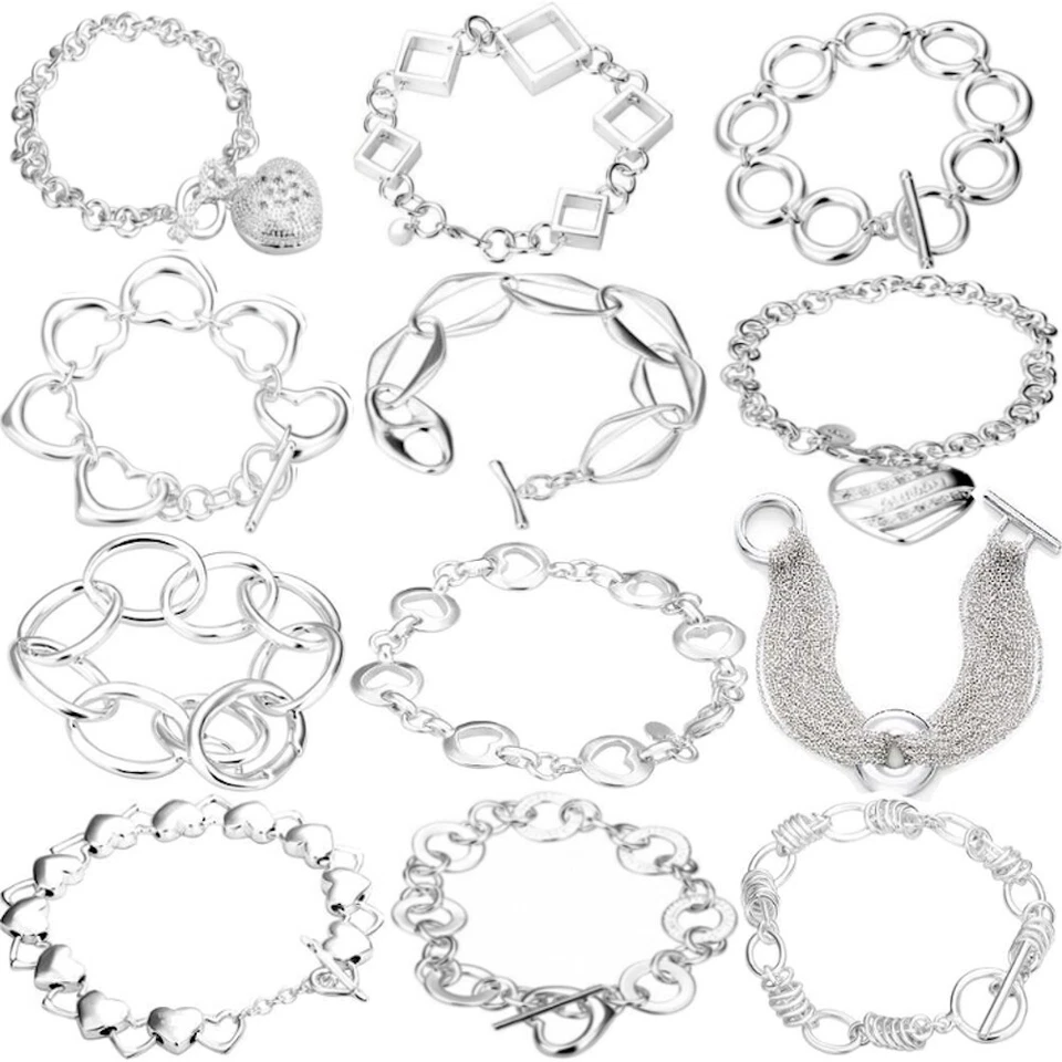 Pulsera Joyería Chapada en Plata Brazalete Dije Eslabón Cadena Corazón Brazalete Damas V001 Foto 1 de 1