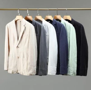 Neu Herren Baumwolle Leinen Blazer Zwei Knopf Anzug Formell Business Jacke Solider Mantel - Bild 1 von 30