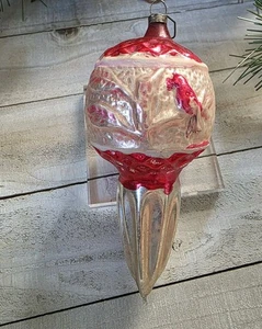 Antiker deutscher rosa Glasvogel auf einem Baumstamm Ornament geprägt geriffelt Kegel Vintage - Bild 1 von 12