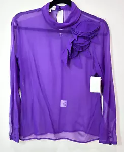 VTG Alfred Sung Purple Silk Chiffon Sheer Mock Neck Blouse 6 Floral Whimsigoth - Picture 1 of 14