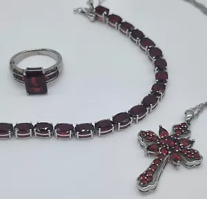 Vermelho Garnet Ring 3.68CTW, Bracelet 20.14CTW, and Necklace with Cross 2.47CTW - Picture 1 of 7