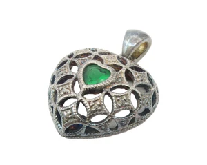 AVON 925 Sterling Silver Vintage Green Topaz Love Heart Dome Pendant PT9215 - Picture 1 of 5