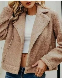 NWT Lauren Conrad Jacket Sherpa Shag Teddy Coat Plus XXL Tan Pockets Lined Moto - Picture 1 of 14