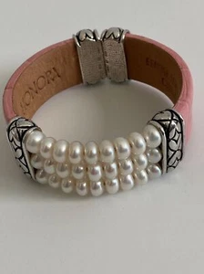 925 sterling silver freshwater pearl genuine leather cuff Bracelet - Picture 1 of 8