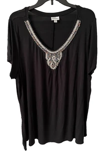 Avenue Women's Size 18/20 Black w/ Beaded Front Pullover T-Shirt - Picture 1 of 3