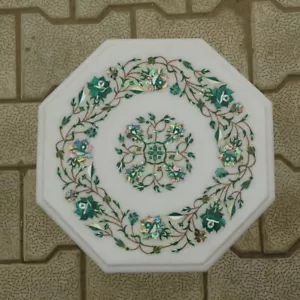Mesa auxiliar de centro blanca de mármol de 15"x15" con incrustaciones de malaquita arte floral decoración - Imagen 1 de 3