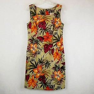 Expressions Dress 10 Bust 36"  Sheath Tropical Floral Hibiscus Olive Sleeveless - Picture 1 of 7
