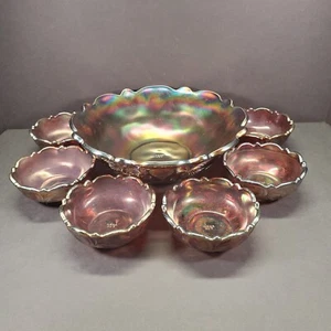 AMETHYST CAMBRIDGE NEAR CUT CARNIVAL GLASS INVERTED STRAWBERRY BERRY BOWL SET 7 - Imagen 1 de 16