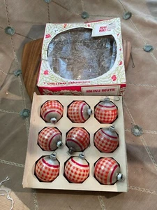 9 Vtg Shiny Brite Glass Ornaments - Red & Silver Gingham Check Plaid - Picture 1 of 9