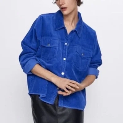 Jaqueta camisa veludo Zara Shacket relaxada XS azul - Imagem 1 de 4