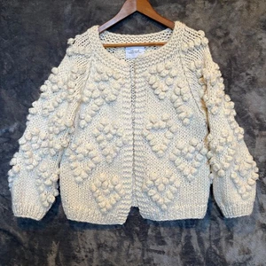 ChicWish Anthropologie Chunky Cardigan Women's Heart Pom Pom Wool Blend Boho EUC - Picture 1 of 12