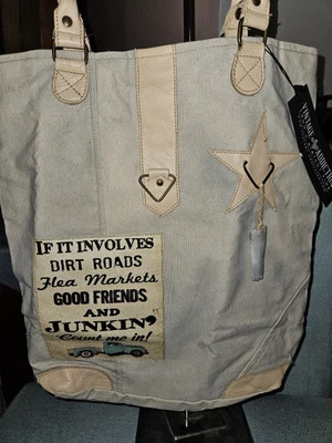 Vintage Addiction Lg Leather /Canvas Tote Country DIRT ROADS JUNKIN' NWT $40 - Image 1 of 4
