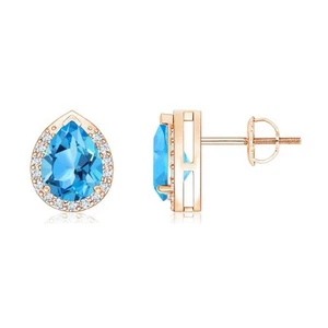 ANGARA 1.75 Ct Swiss Blue Topaz Stud Earrings with Diamond Halo in 14K Gold - Picture 1 of 25
