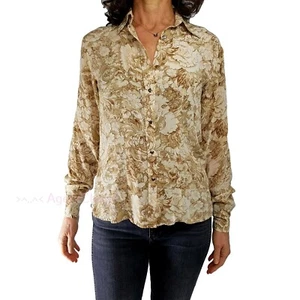 Vintage TALL GIRL Sz 8 Long Fitted Beige Brown Floral Print 100% Silk Blouse Top - Picture 1 of 8