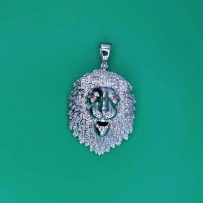 2.20 Ctw Round Cut Diamond Men's Lion Face Pendant 14K White Gold Plated - Image 1 of 4
