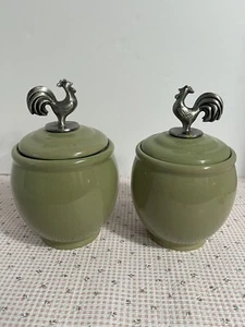 VTG Lovely Pair Of HOME Sage Green Canisters~ Silver Rooster On Airtight Lids - Picture 1 of 10