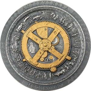 ANTIKYTHERA MECHANISM Archeology Symbolism Antiqued Gilded 3 Oz Silver Coin - Picture 1 of 2