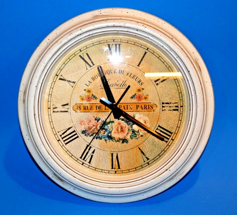 Paris France French Floral Theme Wall Clock 16" Distressed Finish Cover
