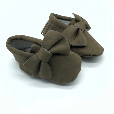 Toddler Girls Moccasin Slippers Faux Suede Fringe Bow Soft Sole Brown Size 4 - Image 1 of 4