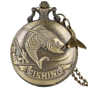Reloj Bolsillo Pesca Estilo Vintage Movimiento Cuarzo Número Árabe Collar Cadena - Imagen 1 de 12