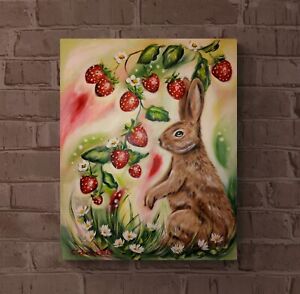 HASE MIT ERDBEEREN, Kunst Bild gemalt Deko Kaninchen  Christiane Schwarz Olsberg