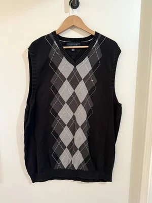 Tommy Hilfiger Suéter Chaleco Para Hombres XL Negro Gris Argyle Cuello en V Pullover Clásico Foto 1 de 4