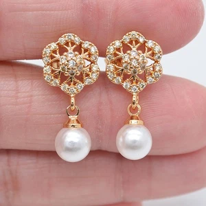 18K Yellow Gold Filled Women Blossom Flower Round Pearl Dangle Stud Earrings - Picture 1 of 2