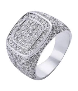 Men's Hip Hop Iced Big zircon Square Ring - Passes Tester Plated 925 Silver - Picture 1 of 4