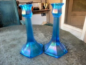 NORTHWOOD PAIR CELESTE BLUE #657 8" STRETCH GLASS HEXAGONAL BASE CANDLESTICKS - Picture 1 of 8