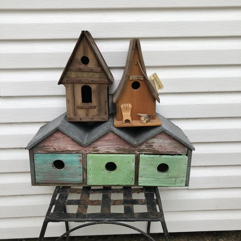 (x3) VintageHand Made Wooden Bird House Primitive Painted Rustic Cover