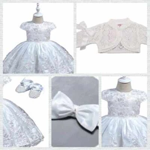 Baby Taufkleid+Stirnband+Schuhe+Bolero Spitze Taufe Taufoutfit Partykleid weiß - Bild 1 von 9