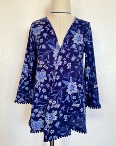 OLD NAVY,  GIRLS CARDIGAN SWEATER, BLUE FLORAL, POM-POM, M(8) - Picture 1 of 3