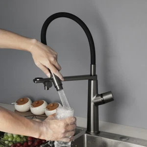 Deckmontage Gun Metal Küche Spültischarmatur herunterziehbar 360° drehbar Mischbatterie Messing Wasserhähne - Bild 1 von 14