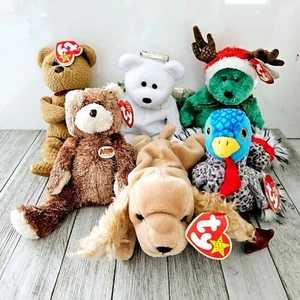 Lot of 6 Vintage Ty Beanie Babies Lurkey Halo II Curly Holiday Bear Spunky & Old - Picture 1 of 24