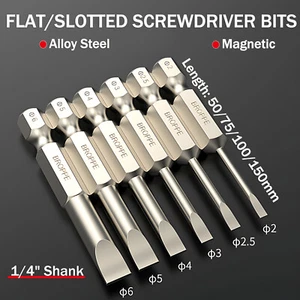 1/4" Shank Flat/Slotted Screwdriver Bits Magnetic Drive Drill Bits Ø 2/2.5/3~6mm - Picture 1 of 31