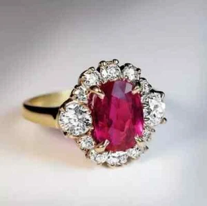 2Ct Oval Lab Created Red Ruby Halo Wedding Ring 14K Yellow Gold Plated Silver - Picture 1 of 7