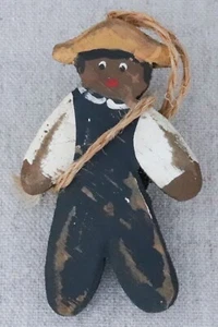 Vtg Carved Painted Primitive Folk Art Farm Boy Straw Hat Overalls Brooch Pin 3¼" - Picture 1 of 5