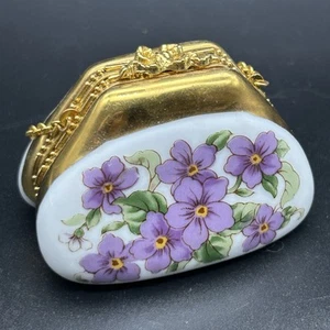 Lefton China Purse Chain Handle Hinged Trinket Box Purple Floral Gold Label Vtg - Picture 1 of 9