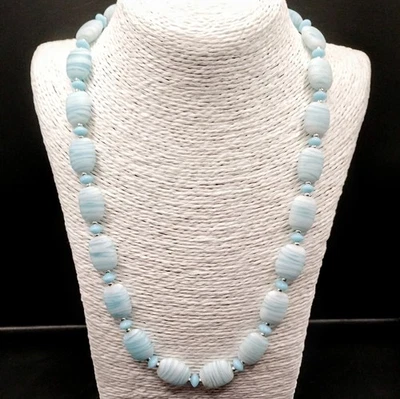 Pale Icey Light Blue Aqua White Glass Bead Necklace Toggle Clasp Chunky Bohemian - Imagem 1 de 4