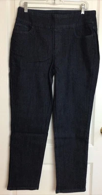 Denim and Co. dark indigo pull on straight leg Stretch denim W embroidery 12 - Image 1 of 4