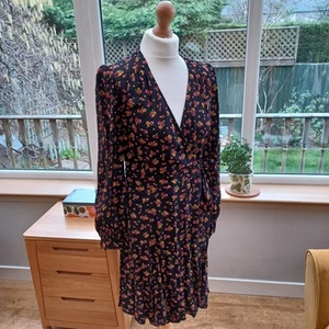 M&S x Ghost Black Pink Ditsy Floral Wrap Tea Dress 10 Pretty Long Sleeves Floaty - Picture 1 of 11